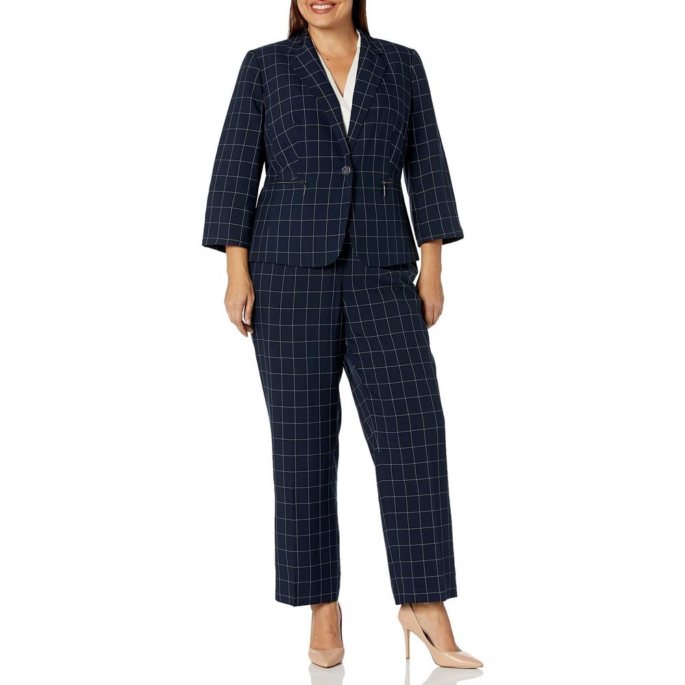 Le Suit Women's Petite Windowpane 1 Button Jacket 3/4 Sleeve & Kate Pant,
